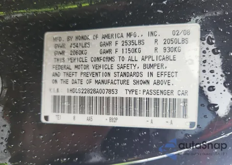 2008 Honda Accord z USA, uszkodzony, nr VIN 1HGCS22828A007853